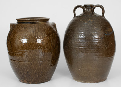 Lot of Two: North Carolina Alkaline-Glazed Stoneware Jar and Double-Handled Jug