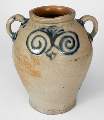 Exceptional Vertical-Handled Stoneware Jar w/ Watchspring Design, Manhattan, NY, circa 1775