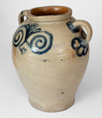 Exceptional Vertical-Handled Stoneware Jar w/ Watchspring Design, Manhattan, NY, circa 1775