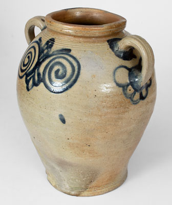 Exceptional Vertical-Handled Stoneware Jar w/ Watchspring Design, Manhattan, NY, circa 1775