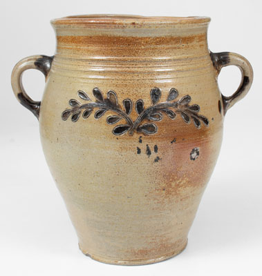 Unusual Manhattan Vertical-Handled Stoneware Jar w/ Incised Manganese Decoration, c1790