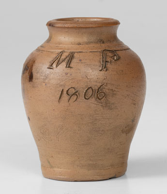Very Rare Miniature Stoneware Presentation Jar w/ Incised Bird Decoration, "M.F. / 1806"