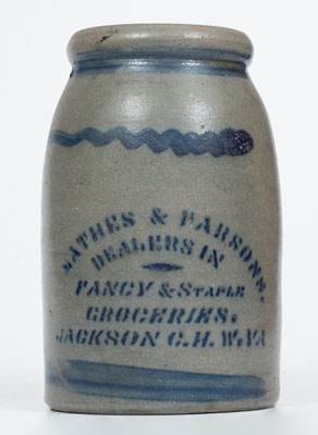 Stoneware Canning Jar w/ JACKSON COURT HOUSE, W. VA Stenciled Advertising