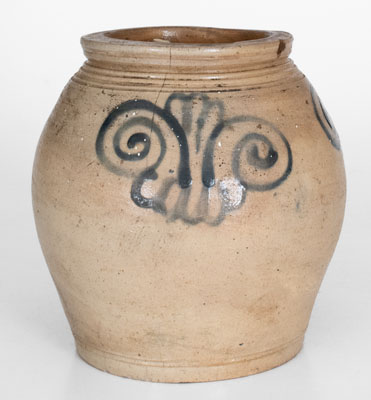 Very Rare Small-Sized Ovoid Stoneware Jar w/ Watchspring Decoration, Manhattan, 18th century