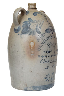 5 Gal. HAMILTON & JONES / GREENSBORO, PA Double-Handled Stoneware Jug w/ Freehand Decoration