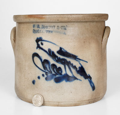 F. B. NORTON & CO. / WORCESTER, MASS. Stoneware Crock w/ Cobalt Parrot Decoration