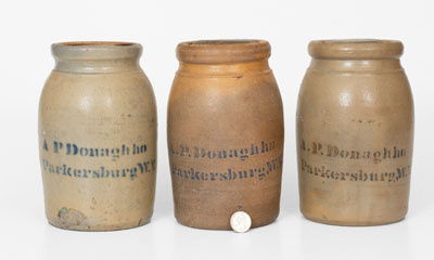 Lot of Three: A. P. Donaghho / Parkersburg, W. VA Half-Gallon Stoneware Canning Jars