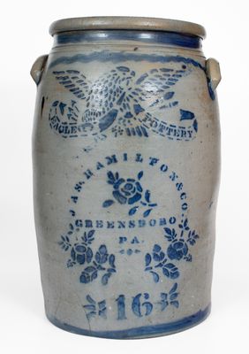 Fine 16 Gal. JAS. HAMILTON & CO. / GREENSBORO, PA Stoneware Eagle Jar