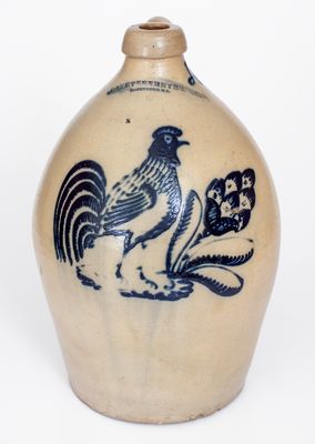 Exceedingly Rare F. STETZENMEYER / ROCHESTER, NY Stoneware Jug w/ Elaborate Rooster Decoration