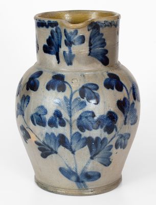 Two-Gallon Philadelphia Stoneware Pitcher w/ Elaborate Cobalt Floral Decoration