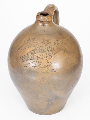 Rare Two-Gallon Stoneware Jug with Incised Eagle, Fish, and Bird Decorations, circa 1825