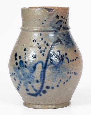 Small-Sized Stoneware Pitcher w/ Elaborate Cobalt Floral Decoration, Northeastern United States