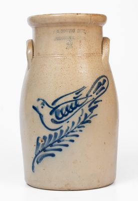 F.B. NORTON SONS. / WORCESTER, MASS. Stoneware Churn w/ Cobalt Dove Decoration