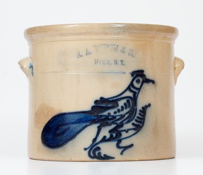 Rare N.A. WHITE & SON / UTICA, N.Y. Stoneware Crock w/ Cobalt Paddletail Bird Design