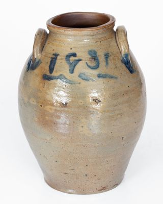 One-Gallon Old Bridge, New Jersey Cobalt-Decorated Stoneware Jar, Dated 1831