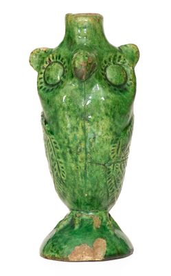 Extremely Rare Green-Glazed Moravian Redware Owl Bottle, Salem, NC, 1804-1820