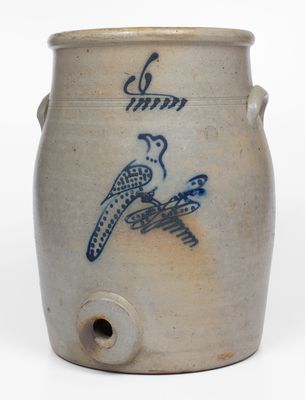 6 Gal. Stoneware Water Cooler with Slip-Trailed Bird Decoration attrib. Akron, OH