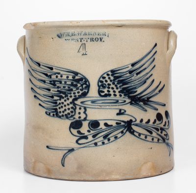 Very Fine WM. E. WARNER / WEST TROY Stoneware Crock w/ Elaborate Flying Eagle Decoration