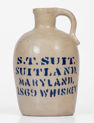 Rare Bristol Glazed Jug Stenciled S. T. SUIT / SUITLAND / MARYLAND / 1869 WHISKEY