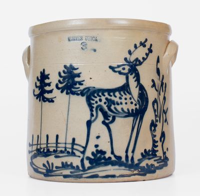 Very Rare 3 Gal. WHITES UTICA Stoneware Crock w/ Elaborate Standing Deer Decoration