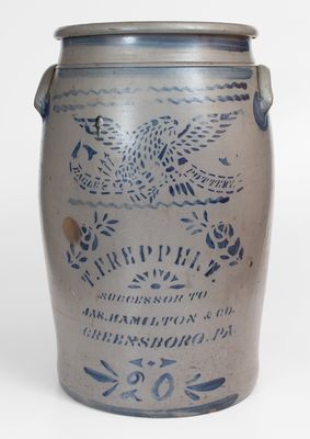 Fine 20 Gal. EAGLE POTTERY Stoneware Jar, T.F. REPPERT / SUCCESSOR TO / JAS. HAMILTON