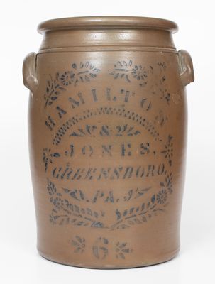 6 Gal. HAMILTON & JONES / GREENSBORO, PA Stoneware Jar w/ Stenciled Decoration