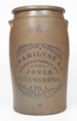 8 Gal. HAMILTON & JONES / GREENSBORO, PA Stoneware Jar w/ Stenciled Decoration