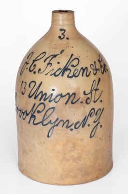 3 Gal. Brooklyn, NY Stoneware Script Advertising Jug, UNION POTTERY / NEWARK, NJ