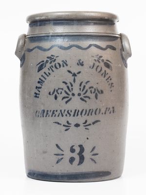 3 Gal. HAMILTON & JONES / GREENSBORO, PA Stoneware Jar