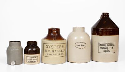 Lot of Five: Four Stoneware Oyster Jars with GREENSBURG, PA Advertising Jug