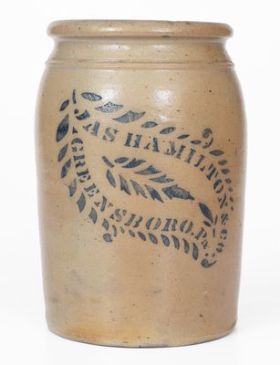 JAS. HAMILTON & CO. / GREENSBORO, PA Stoneware Jar w/ Stenciled Leaf Decoration