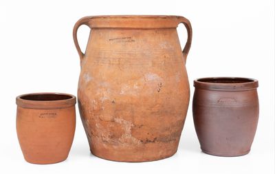 Lot of Three: WAYNESBORO, PA Redware Jars, JOHN BELL and D. M. BAKER'S POTTERY