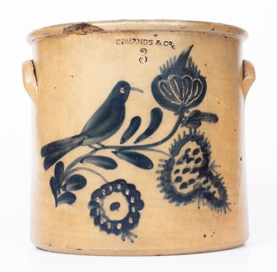 Rare EDMANDS & CO. Stoneware Crock w/ Brushed and Incised Bird and Floral Decoration