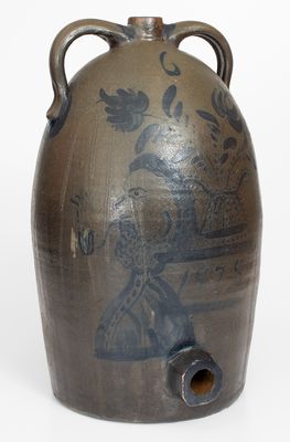 Outstanding 6 Gal. Western PA Stoneware Jug Cooler w/ Man Smoking Pipe, 1878