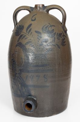 Outstanding 6 Gal. Western PA Stoneware Jug Cooler w/ Man Smoking Pipe, 1878