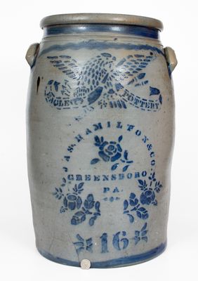 Fine 16 Gal. JAS. HAMILTON & CO. / GREENSBORO, PA Stoneware Eagle Jar