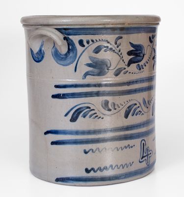 Exceptional 4 Gal. Western PA Stoneware Crock w/ Elaborate Freehand Floral and Vine Decoration