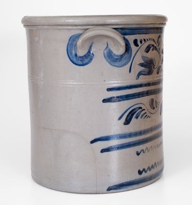 Exceptional 4 Gal. Western PA Stoneware Crock w/ Elaborate Freehand Floral and Vine Decoration