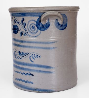 Exceptional 4 Gal. Western PA Stoneware Crock w/ Elaborate Freehand Floral and Vine Decoration