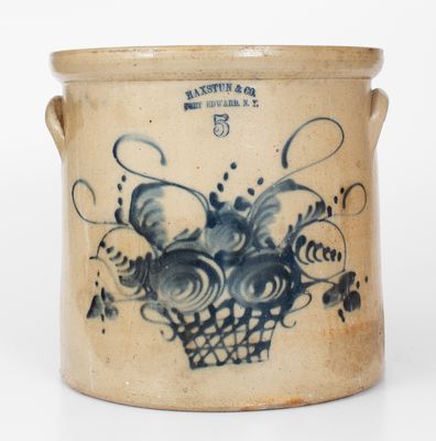 5 Gal. HAXSTUN & CO. / FORT EDWARD, NY Stoneware Crock w/ Floral Basket Decoration