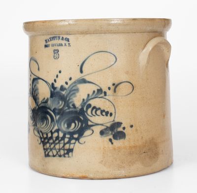 5 Gal. HAXSTUN & CO. / FORT EDWARD, NY Stoneware Crock w/ Floral Basket Decoration