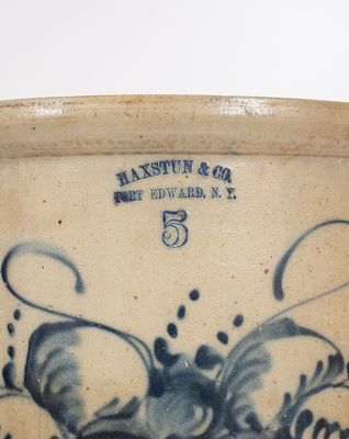 5 Gal. HAXSTUN & CO. / FORT EDWARD, NY Stoneware Crock w/ Floral Basket Decoration