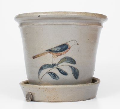 Extremely Rare Stoneware Flowerpot w/ Incised Bird Decoration, attrib. Gardiner, Maine