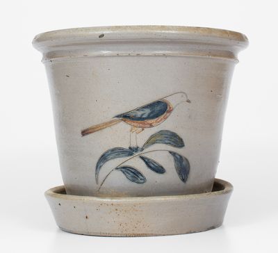 Extremely Rare Stoneware Flowerpot w/ Incised Bird Decoration, attrib. Gardiner, Maine