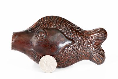 Rare and Fine Moravian Manganese-Glazed Redware Fish Bottle, Salem, NC, c1801-1829