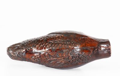 Rare and Fine Moravian Manganese-Glazed Redware Fish Bottle, Salem, NC, c1801-1829