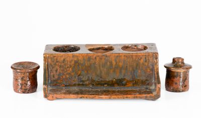 Copper-Glazed Redware Inkstand, PA or New England origin, early 19th century