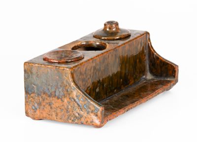 Copper-Glazed Redware Inkstand, PA or New England origin, early 19th century