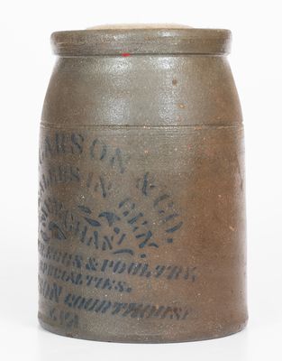 Scarce Stoneware Canning Jar w/ Jackson Courthouse, WV Advertising, Western PA origin