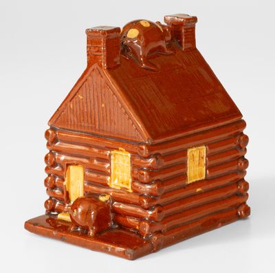 Extremely Rare Philadelphia Redware Log Cabin w/ Raccoon for 1840 National Whig Convention